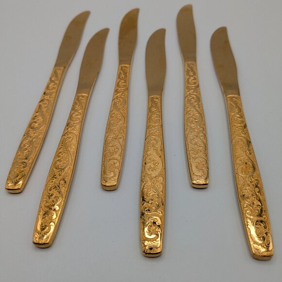Americana Golden Heritage Flatware Golden Scroll 6 Dinner Knives 8"  - Vintage - Picture 8 of 12